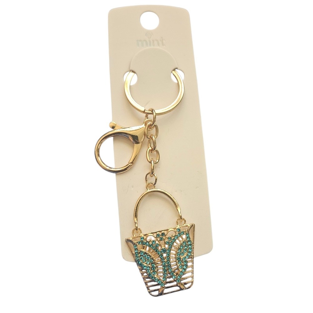 Mint Beach Bucket Purse Handbag Gold Keychain Charm Bling Keyring Bag‎ Accessory